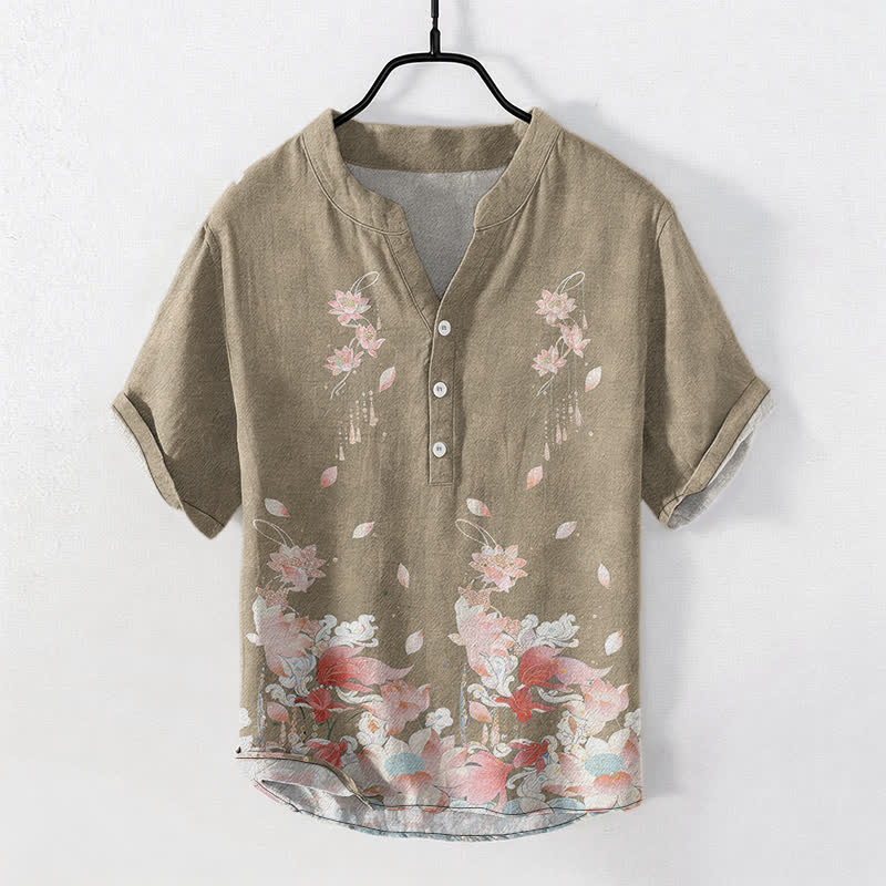 Buddha Stones Cotton Lotus Pattern Men's Short Sleeve Half Button Shirt - Tan - US/UK/AU50,EU60 (5XL) - image 7