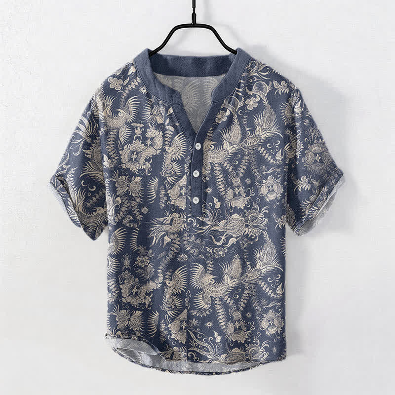 Buddha Stones Cotton Botanical Floral Pattern Men's Short Sleeve Half Button Shirt - SteelBlue - US/UK/AU50,EU60 (5XL) - image 0