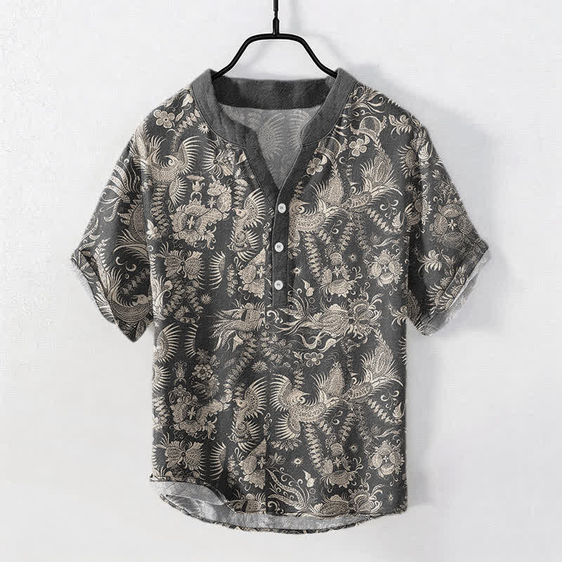 Buddha Stones Cotton Botanical Floral Pattern Men's Short Sleeve Half Button Shirt - SlateGray - US/UK/AU50,EU60 (5XL) - image 5