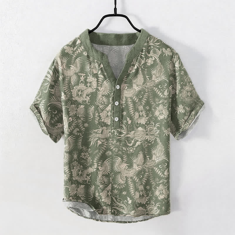 Buddha Stones Cotton Botanical Floral Pattern Men's Short Sleeve Half Button Shirt - DarkOliveGreen - US/UK/AU50,EU60 (5XL) - image 7