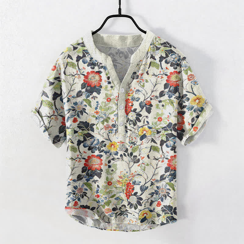 Buddha Stones Cotton Vintage Garden Floral Pattern Men's Short Sleeve Half Button Shirt - Ivory - US/UK/AU50,EU60 (5XL) - image 0