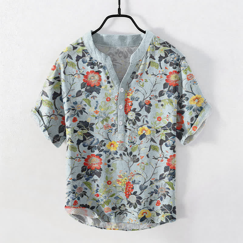 Buddha Stones Cotton Vintage Garden Floral Pattern Men's Short Sleeve Half Button Shirt - PowderBlue - US/UK/AU50,EU60 (5XL) - image 3