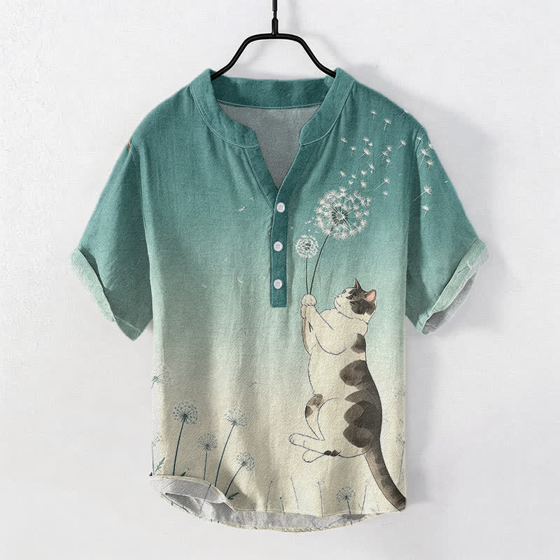 Buddha Stones Cotton Hand Drawn Cat Dandelion Pattern Men's Short Sleeve Half Button Shirt - MediumSeaGreen - US/UK/AU50,EU60 (5XL) - image 0
