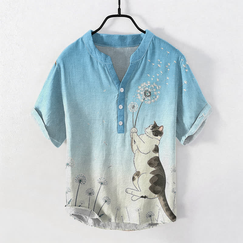 Buddha Stones Cotton Hand Drawn Cat Dandelion Pattern Men's Short Sleeve Half Button Shirt - SkyBlue - US/UK/AU50,EU60 (5XL) - image 3