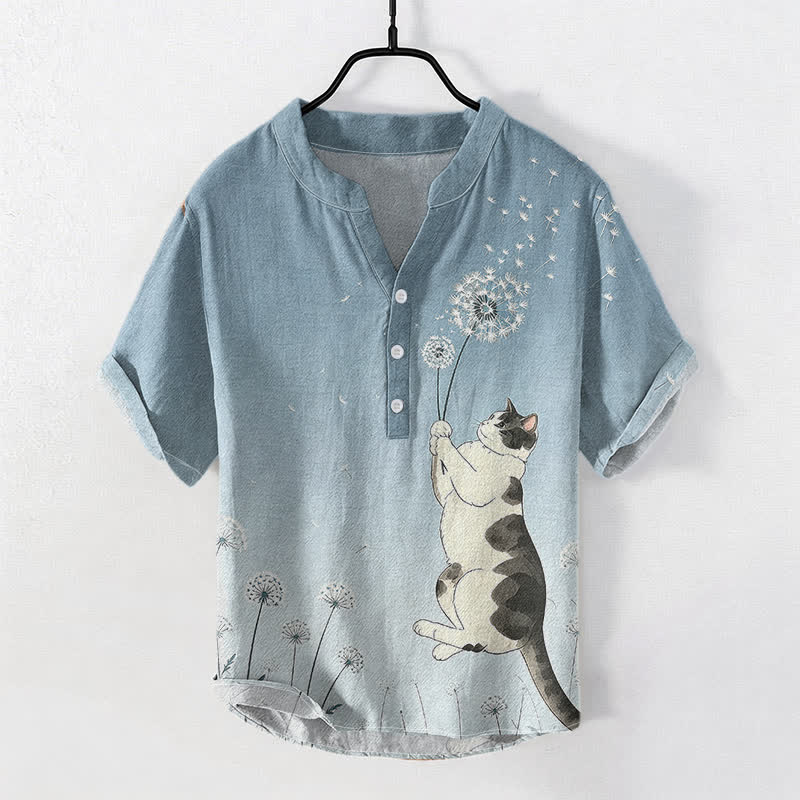 Buddha Stones Cotton Hand Drawn Cat Dandelion Pattern Men's Short Sleeve Half Button Shirt - LightSteelBlue - US/UK/AU50,EU60 (5XL) - image 5