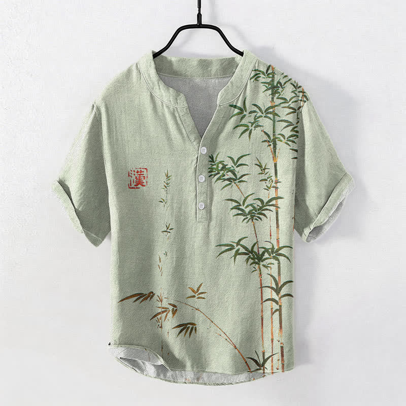 Buddha Stones Cotton Bamboo Ink Wash Pattern Men's Short Sleeve Half Button Shirt - PaleGreen - US/UK/AU50,EU60 (5XL) - image 0