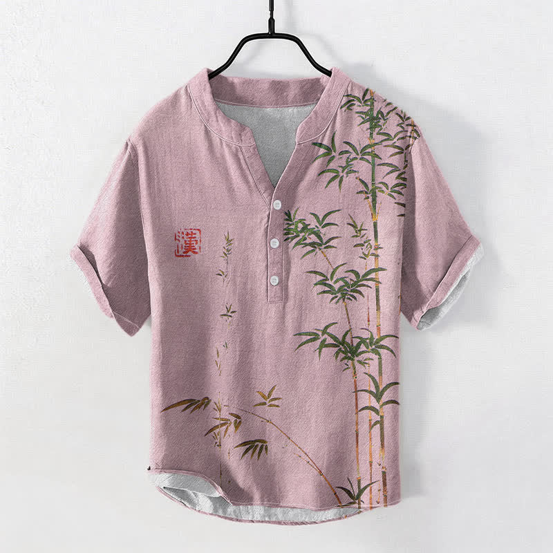 Buddha Stones Cotton Bamboo Ink Wash Pattern Men's Short Sleeve Half Button Shirt - LightPink - US/UK/AU50,EU60 (5XL) - image 3