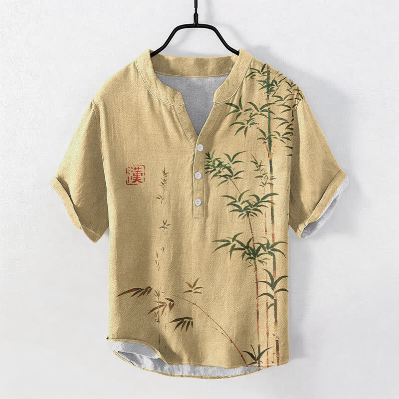 Buddha Stones Cotton Bamboo Ink Wash Pattern Men's Short Sleeve Half Button Shirt - BurlyWood - US/UK/AU50,EU60 (5XL) - image 5