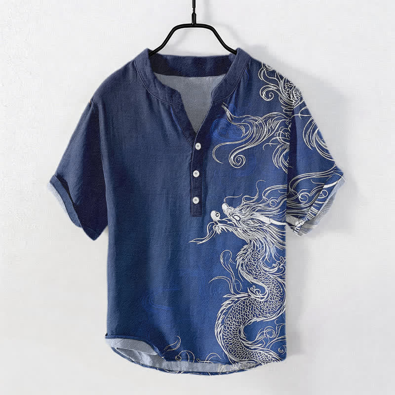 Buddha Stones Cotton Large White Dragon Pattern Men's Short Sleeve Half Button Shirt - Navy - US/UK/AU50,EU60 (5XL) - image 0