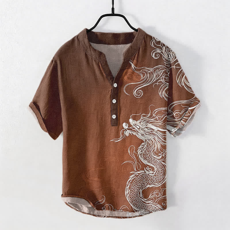 Buddha Stones Cotton Large White Dragon Pattern Men's Short Sleeve Half Button Shirt - SaddleBrown - US/UK/AU50,EU60 (5XL) - image 5