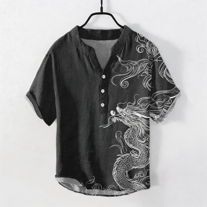 Buddha Stones Cotton Large White Dragon Pattern Men's Short Sleeve Half Button Shirt - Black - US/UK/AU50,EU60 (5XL) - image 7
