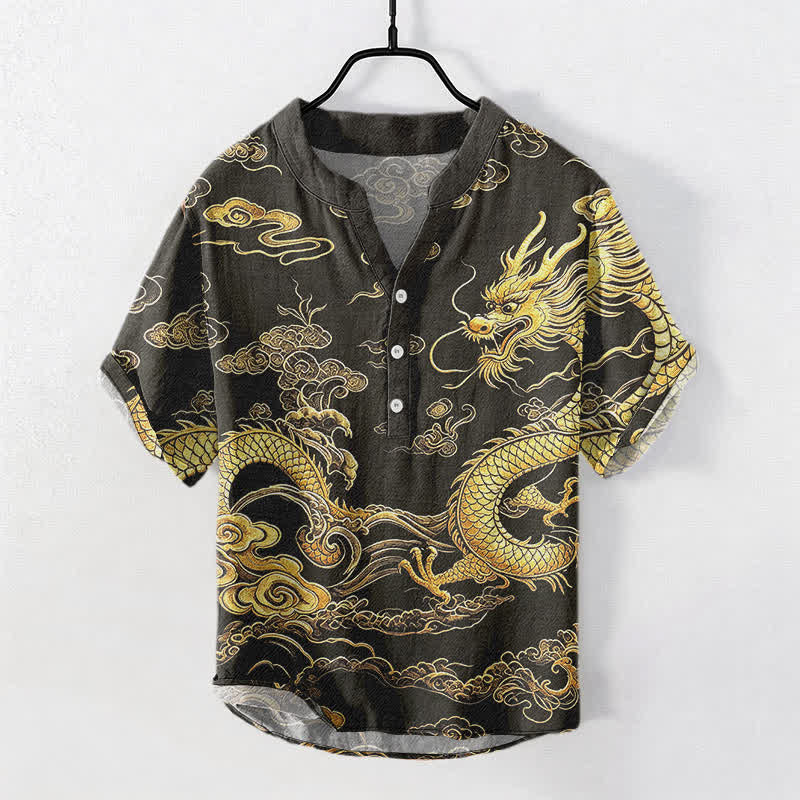 Buddha Stones Cotton Golden Dragon Cloud Pattern Men's Short Sleeve Half Button Shirt - Black - US/UK/AU50,EU60 (5XL) - image 0