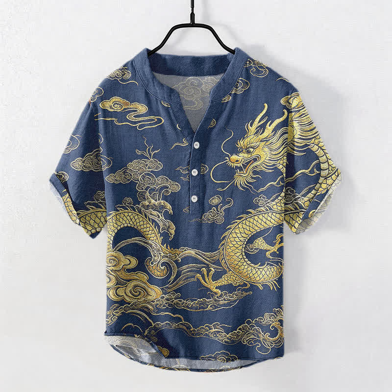 Buddha Stones Cotton Golden Dragon Cloud Pattern Men's Short Sleeve Half Button Shirt - RoyalBlue - US/UK/AU50,EU60 (5XL) - image 5