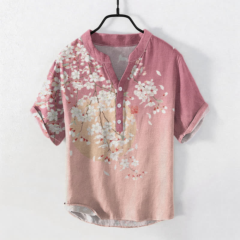 Buddha Stones Pure Cotton Cherry Blossom Watercolor Pattern Men's Short Sleeve Half Button Shirt - LightPink - US/UK/AU50,EU60 (5XL) - image 0