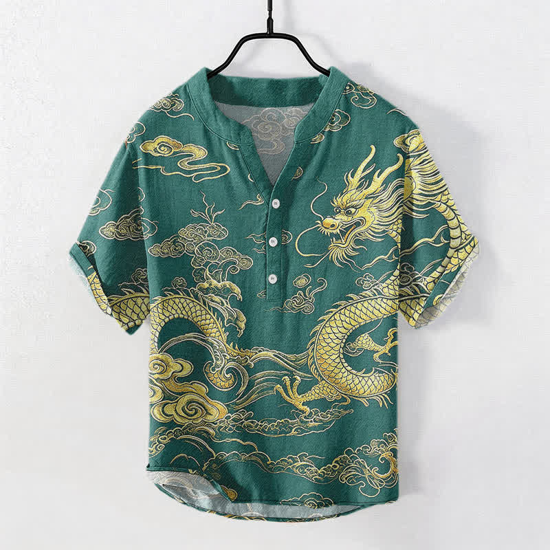 Buddha Stones Cotton Golden Dragon Cloud Pattern Men's Short Sleeve Half Button Shirt - SeaGreen - US/UK/AU50,EU60 (5XL) - image 7