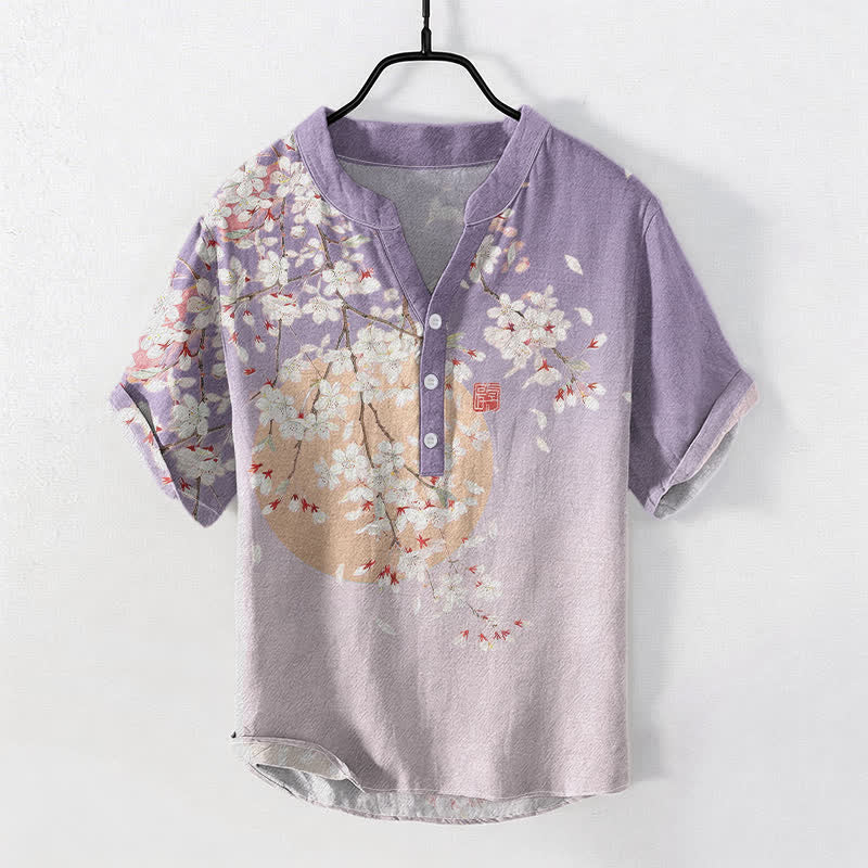 Buddha Stones Pure Cotton Cherry Blossom Watercolor Pattern Men's Short Sleeve Half Button Shirt - Lavender - US/UK/AU50,EU60 (5XL) - image 3