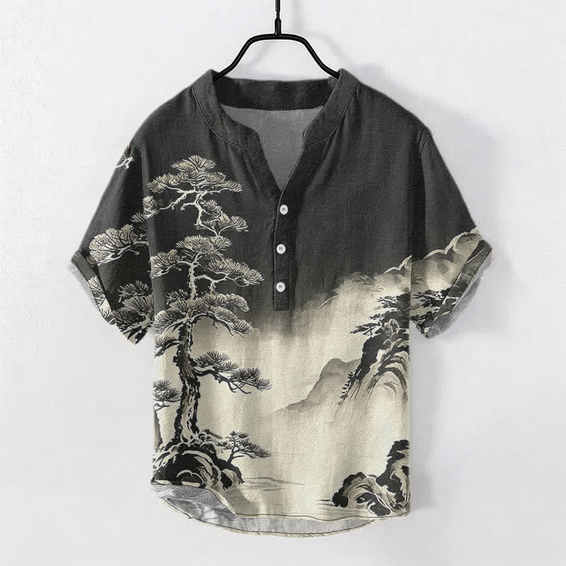 Buddha Stones Cotton Ink Wash Landscape Pattern Men's Short Sleeve Half Button Shirt - Black - US/UK/AU50,EU60 (5XL) - image 0