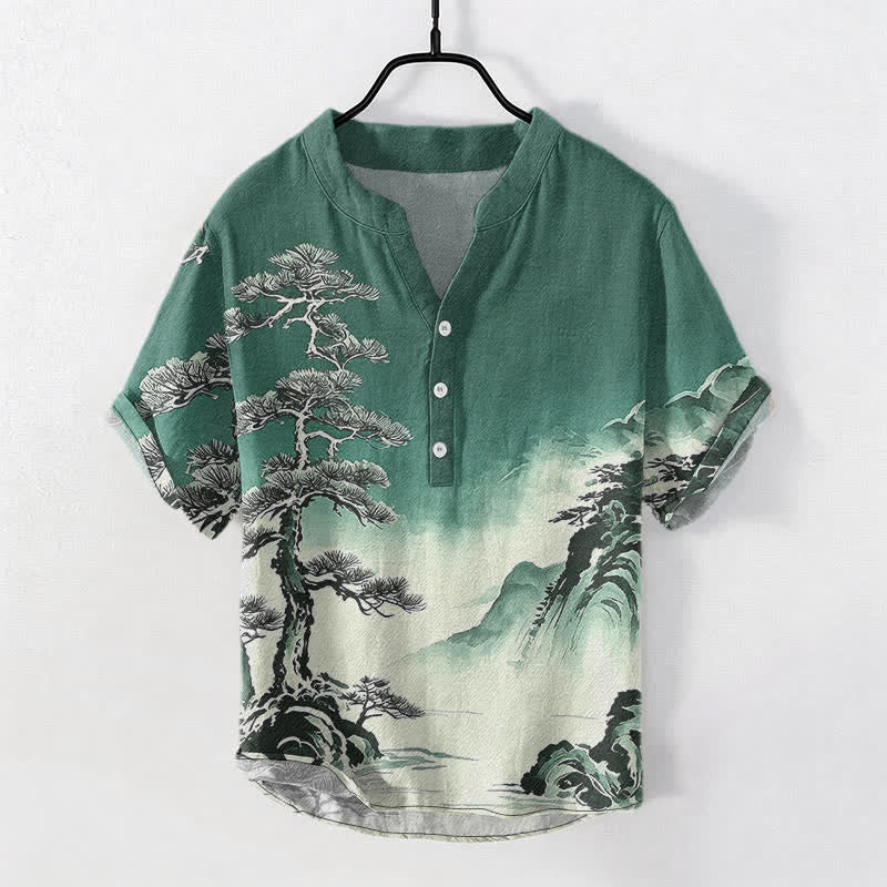 Buddha Stones Cotton Ink Wash Landscape Pattern Men's Short Sleeve Half Button Shirt - SeaGreen - US/UK/AU50,EU60 (5XL) - image 5