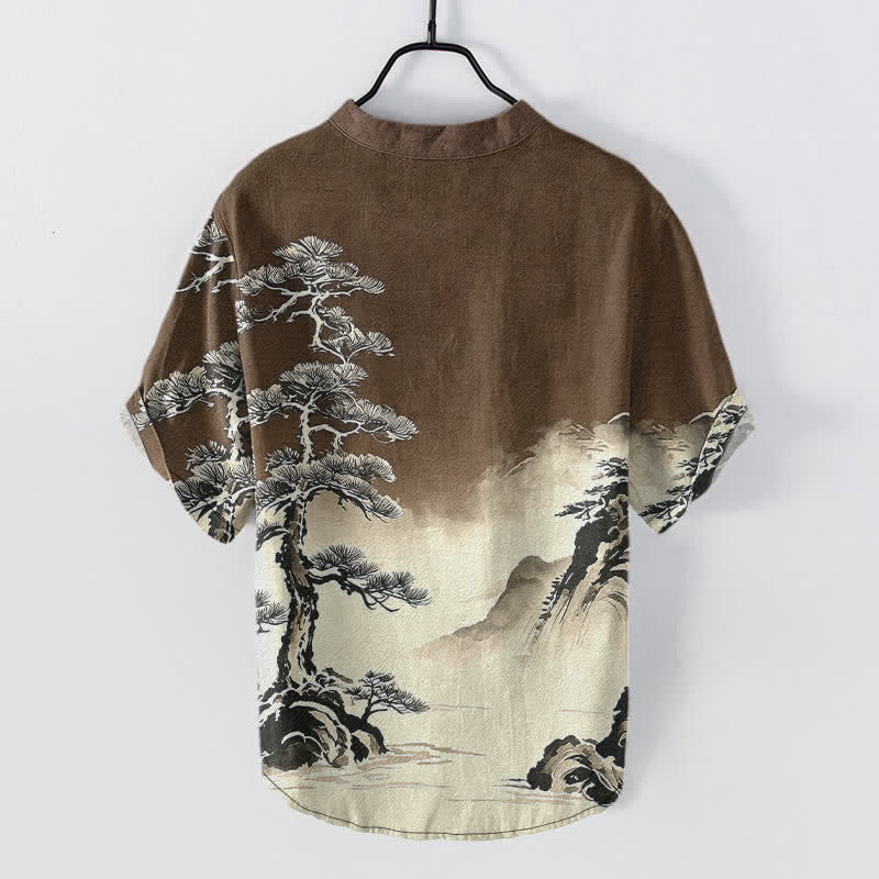 Buddha Stones Cotton Ink Wash Landscape Pattern Men's Short Sleeve Half Button Shirt - SaddleBrown - US/UK/AU50,EU60 (5XL) - image 8