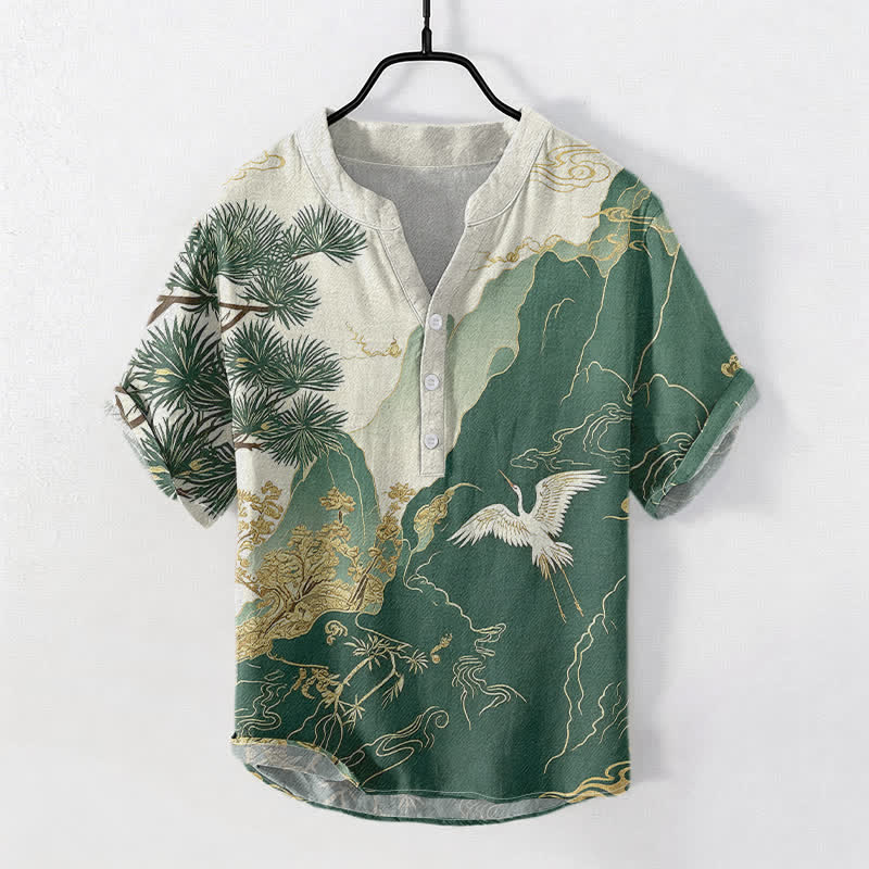 Buddha Stones Cotton Oriental Mountain Crane Landscape Pattern Men's Short Sleeve Half Button Shirt - ForestGreen - US/UK/AU50,EU60 (5XL) - image 0