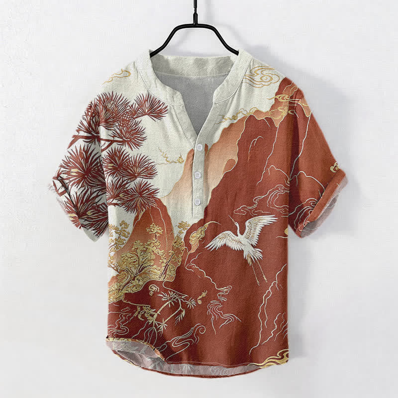 Buddha Stones Cotton Oriental Mountain Crane Landscape Pattern Men's Short Sleeve Half Button Shirt - Sienna - US/UK/AU50,EU60 (5XL) - image 3