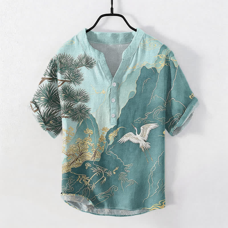 Buddha Stones Cotton Oriental Mountain Crane Landscape Pattern Men's Short Sleeve Half Button Shirt - CadetBlue - US/UK/AU50,EU60 (5XL) - image 5