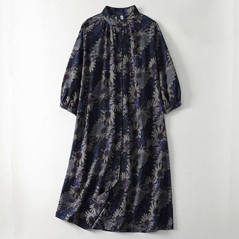 Buddha Stones Spring Vintage Mandarin Collar Button-Up Floral Print Women's Elbow-Length Sleeve Dress With Pockets - MidnightBlue - US12,UK/AU16,EU44 (2XL) - image 0