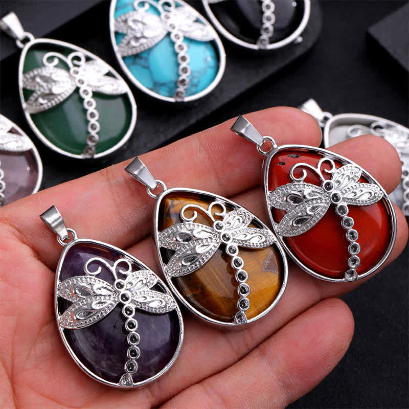 Buddha Stones Natural Green Aventurine Dragonfly Teardrop Shape Inlay Crystal Balance Necklace - image 25