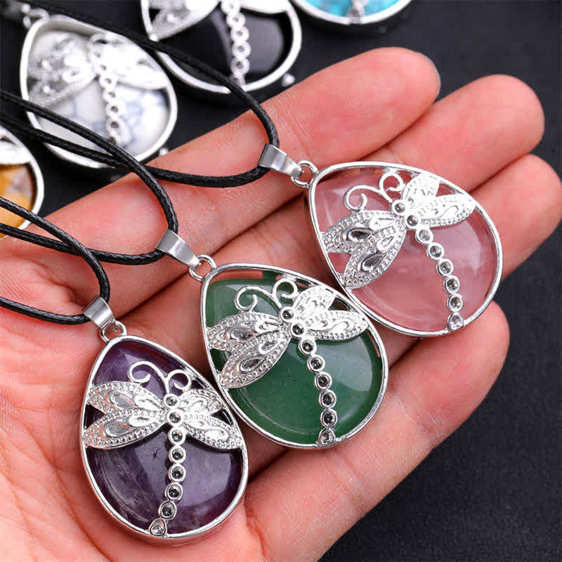 Buddha Stones Natural Green Aventurine Dragonfly Teardrop Shape Inlay Crystal Balance Necklace - image 27