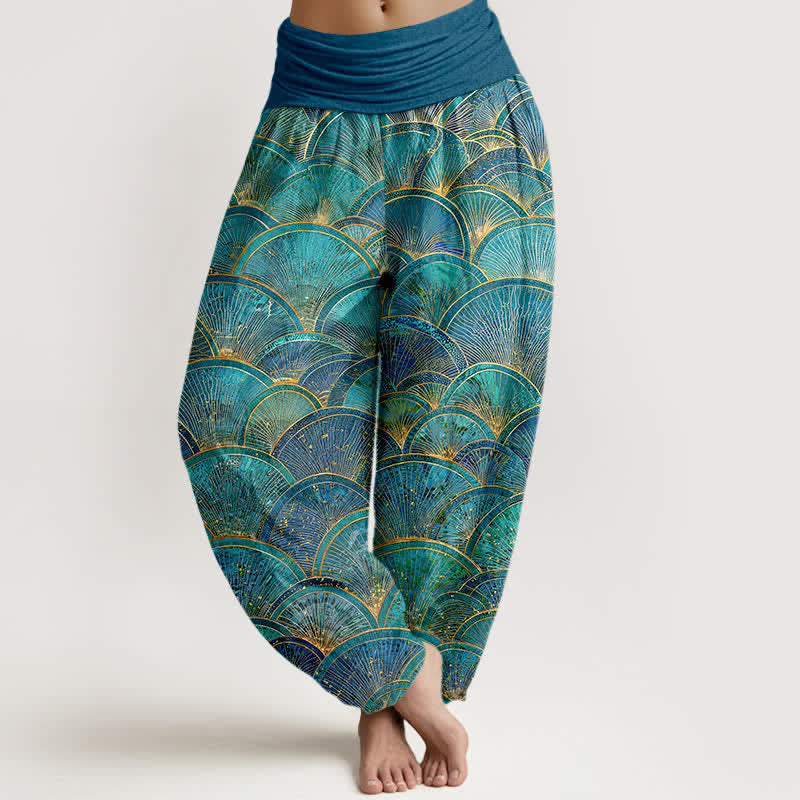 Buddha Stones Pure Cotton Turquoise Fan Pattern Women's Elastic Waist Harem Pants - Turquoise - US16,UK/AU20,EU48 (3XL) - image 0