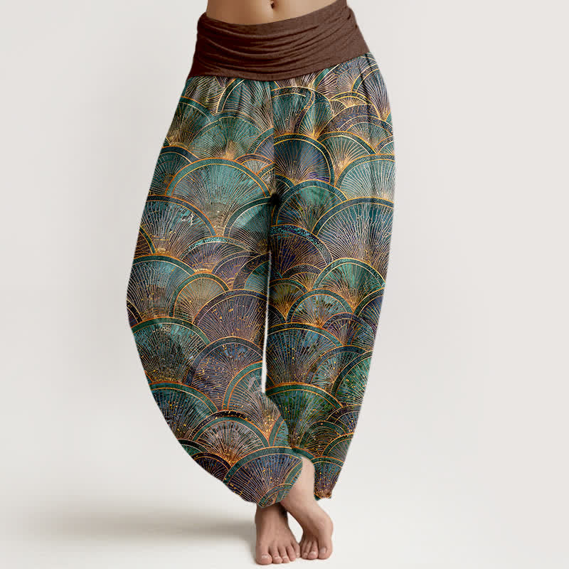 Buddha Stones Pure Cotton Turquoise Fan Pattern Women's Elastic Waist Harem Pants - SaddleBrown - US16,UK/AU20,EU48 (3XL) - image 5