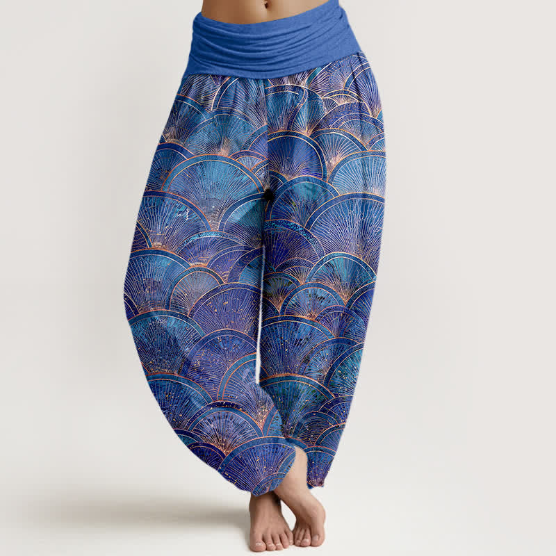 Buddha Stones Pure Cotton Turquoise Fan Pattern Women's Elastic Waist Harem Pants - RoyalBlue - US16,UK/AU20,EU48 (3XL) - image 8