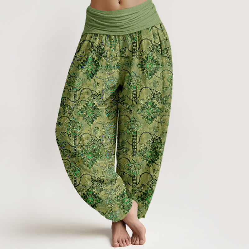 Buddha Stones Pure Cotton Olive Boho Floral Diamond Pattern Women's Elastic Waist Harem Pants - Olive - US16,UK/AU20,EU48 (3XL) - image 0