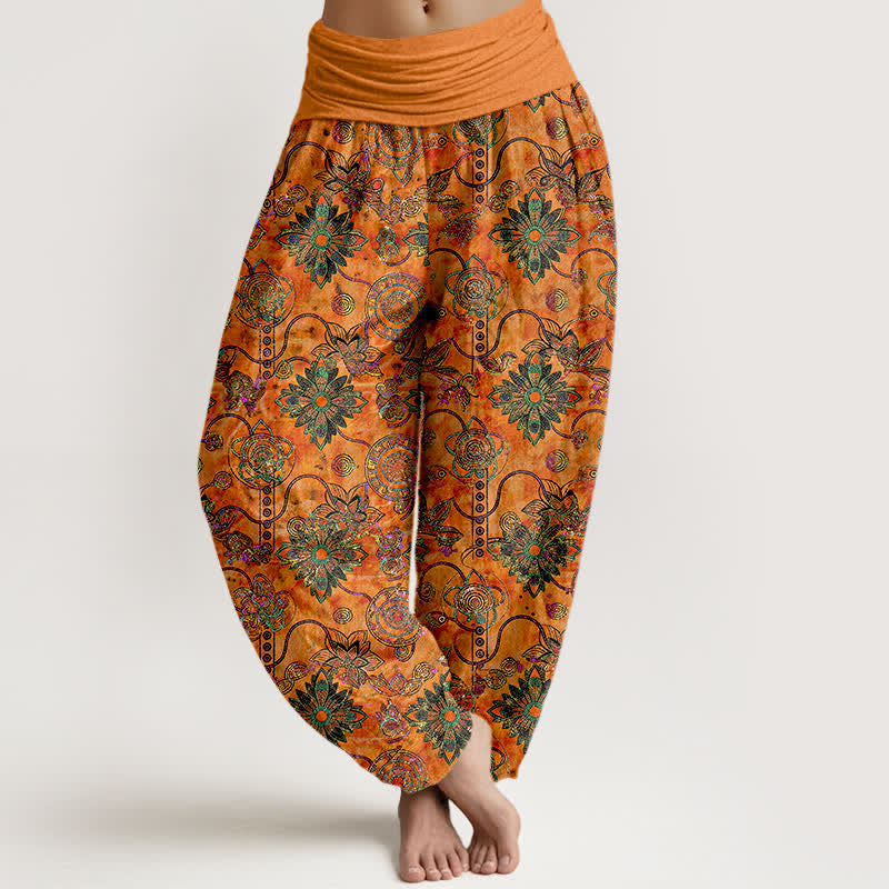 Buddha Stones Pure Cotton Olive Boho Floral Diamond Pattern Women's Elastic Waist Harem Pants - Orange - US16,UK/AU20,EU48 (3XL) - image 5