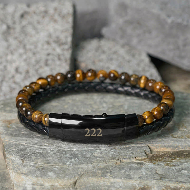 Buddha Stones Tiger Eye Angel Numbers Double Wrap Leather Faith Bracelet - Tiger Eye(Wrist Circumference: 18-19cm) - 222 - image 11