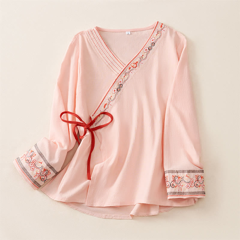 Buddha Stones Casual Embroidered Flowers Slant Collar Strap Long Sleeve Women's Shirt - Pink - US8-10,UK/AU12-14,EU40-42 (3XL) - image 3