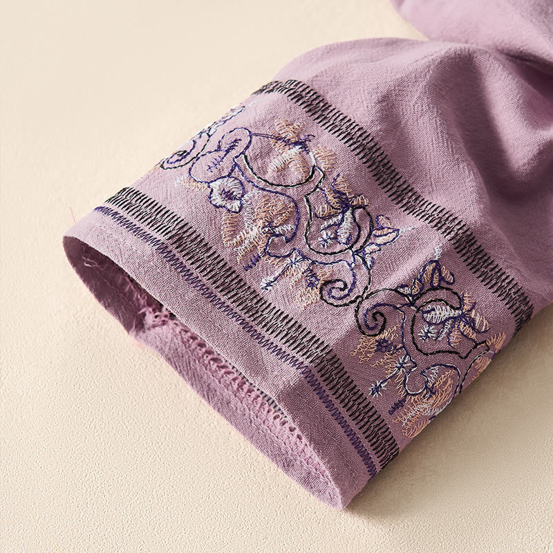 Buddha Stones Casual Embroidered Flowers Slant Collar Strap Long Sleeve Women's Shirt - image 11