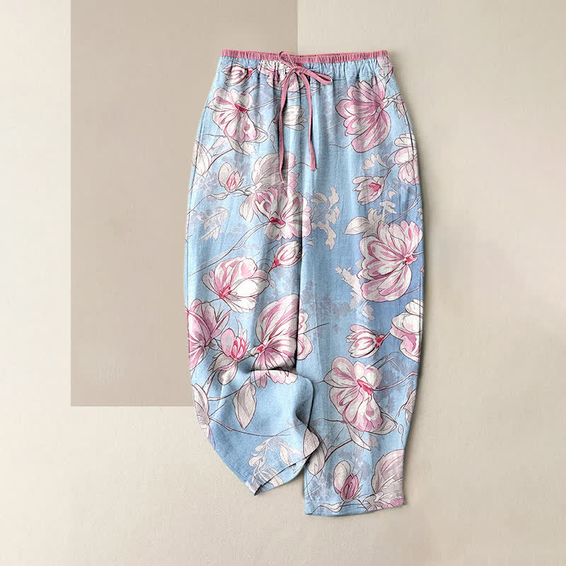 Buddha Stones Pure Cotton Romantic Pink Floral Pattern Women's Elastic Waist Pants With Pockets - LightBlue - US16,UK/AU20,EU48 (3XL) - image 0