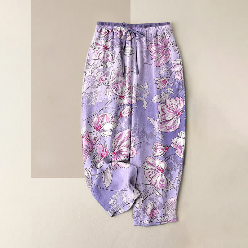 Buddha Stones Pure Cotton Romantic Pink Floral Pattern Women's Elastic Waist Pants With Pockets - MediumPurple - US16,UK/AU20,EU48 (3XL) - image 3