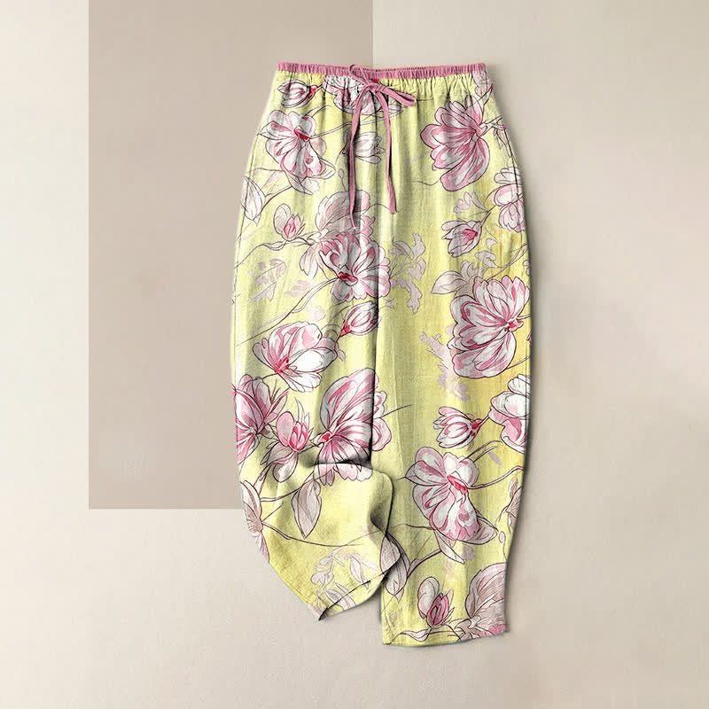 Buddha Stones Pure Cotton Romantic Pink Floral Pattern Women's Elastic Waist Pants With Pockets - Yellow - US16,UK/AU20,EU48 (3XL) - image 4