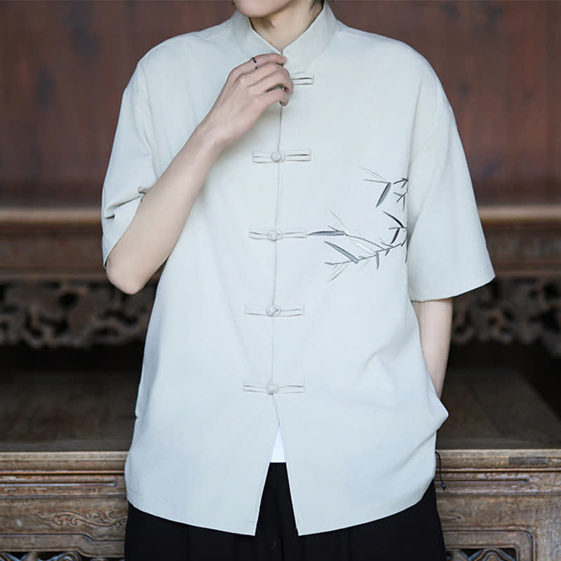 Buddha Stones Summer Tang Style Mandarin Collar Frog Button Bamboo Embroidery Men's Short Sleeve Shirts - White - US/UK/AU46,EU56 (5XL) - image 0