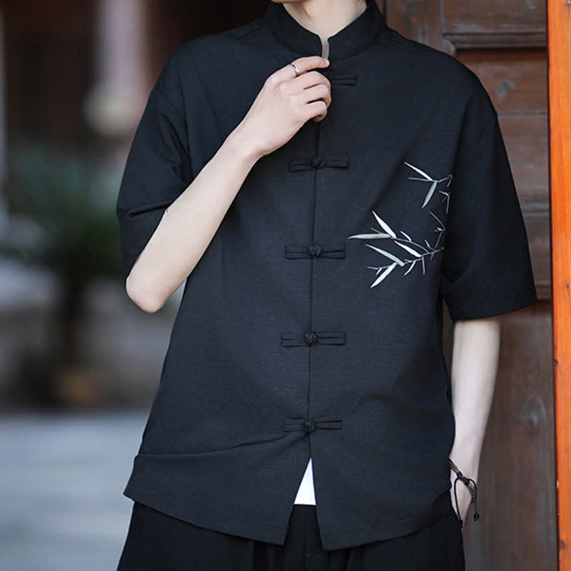Buddha Stones Summer Tang Style Mandarin Collar Frog Button Bamboo Embroidery Men's Short Sleeve Shirts - Black - US/UK/AU46,EU56 (5XL) - image 8