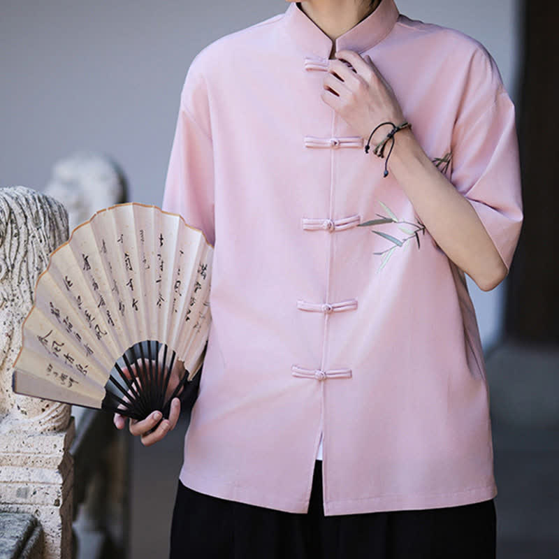 Buddha Stones Summer Tang Style Mandarin Collar Frog Button Bamboo Embroidery Men's Short Sleeve Shirts - LightPink - US/UK/AU46,EU56 (5XL) - image 19