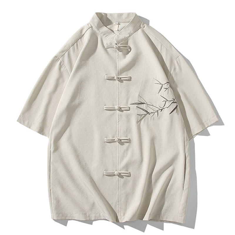 Buddha Stones Summer Tang Style Mandarin Collar Frog Button Bamboo Embroidery Men's Short Sleeve Shirts - Linen - US/UK/AU46,EU56 (5XL) - image 30