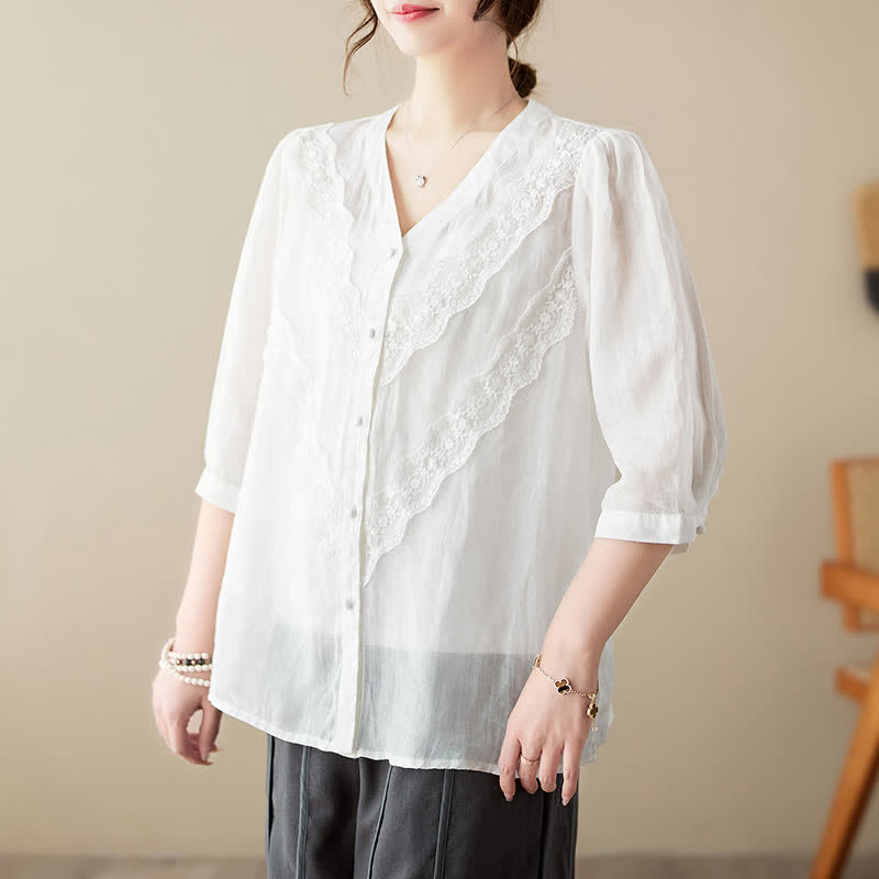 Buddha Stones Summer Solid V-Neck Lace-trimmed Women's Elbow-Length Sleeve Shirts - White - US8-10,UK/AU12-14,EU40-42 (2XL) - image 5
