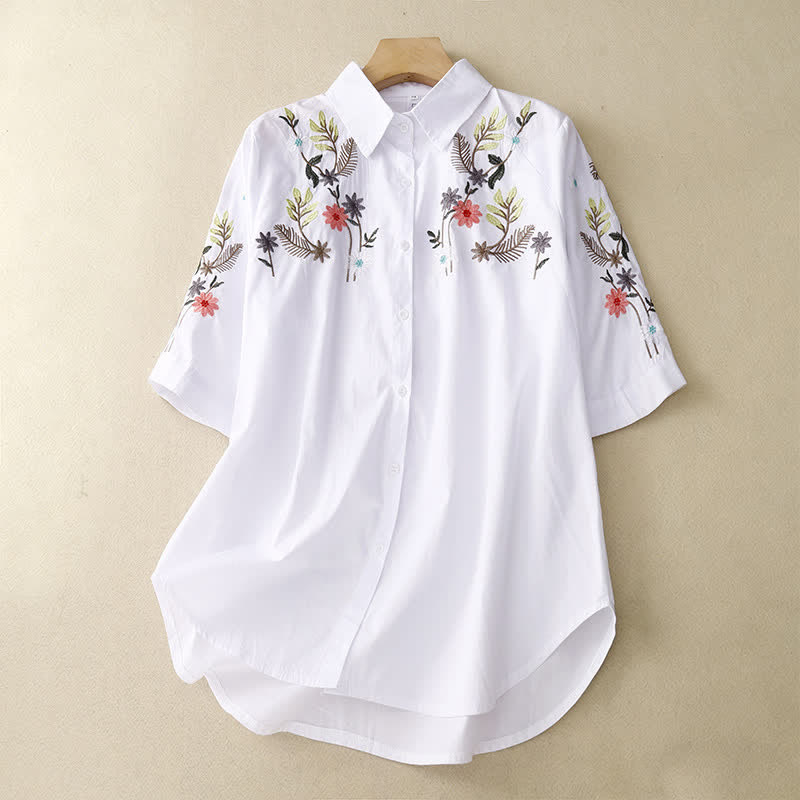 Buddha Stones Spring Summer Boho Embroidery Floral Women's Short Sleeve Shirt - White - US8-10,UK/AU12-14,EU40-42 (2XL) - image 6