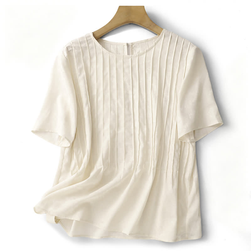 Buddha Stones Summer Elegant Pleated Solid Women's Short Sleeve T-Shirts - Beige - US6,UK/AU10,EU38 (XL) - image 1