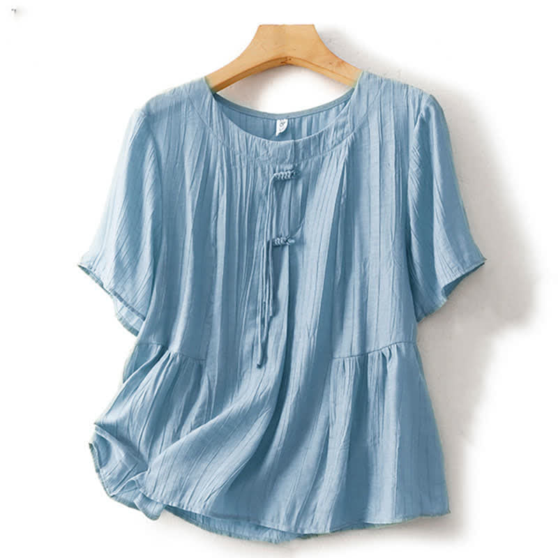 Buddha Stones Summer Boho Buttons Solid Crew Neck Women's Short Sleeve Shirt - LightSteelBlue - US8-10,UK/AU12-14,EU40-42 (2XL) - image 0