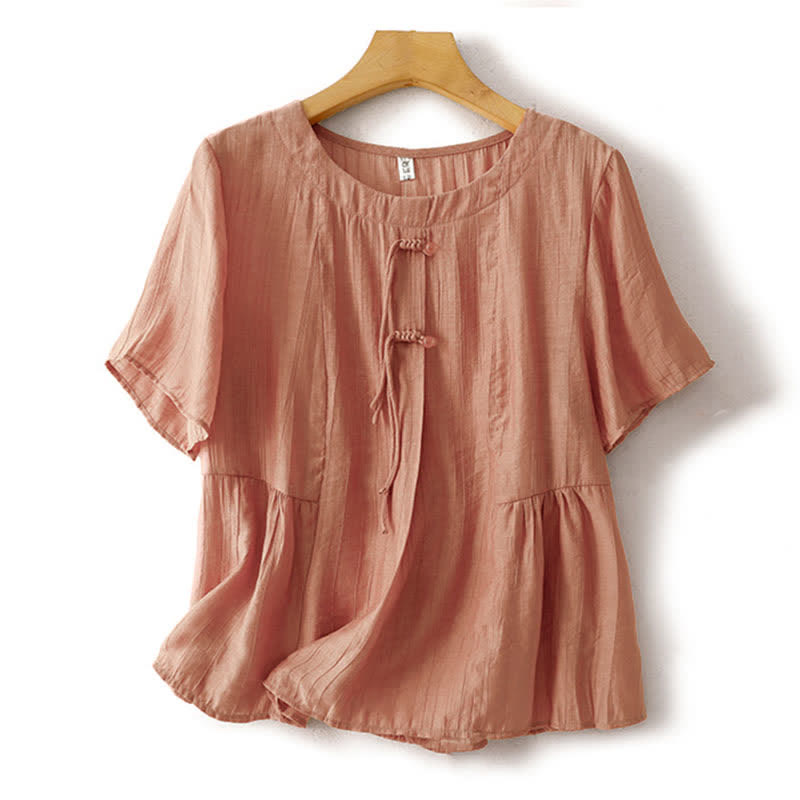 Buddha Stones Summer Boho Buttons Solid Crew Neck Women's Short Sleeve Shirt - LightSalmon - US8-10,UK/AU12-14,EU40-42 (2XL) - image 15