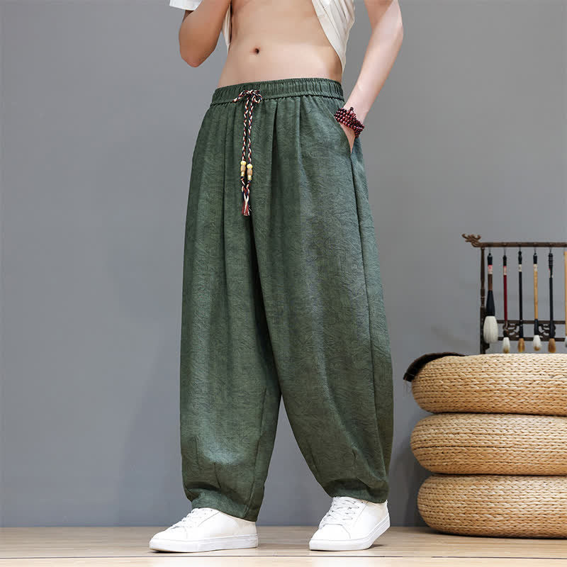 Buddha Stones Summer Bohemian Drawstring Solid Plant Pattern Men's Harem Pants With Pockets - DarkOliveGreen - US/UK/AU48,EU58 (6XL) - image 0